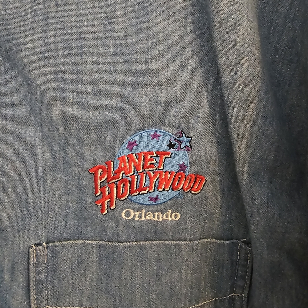 Vintage 1990s Planet Hollywood Orlando Mens XL Denim Button Up Shirt Embroidered